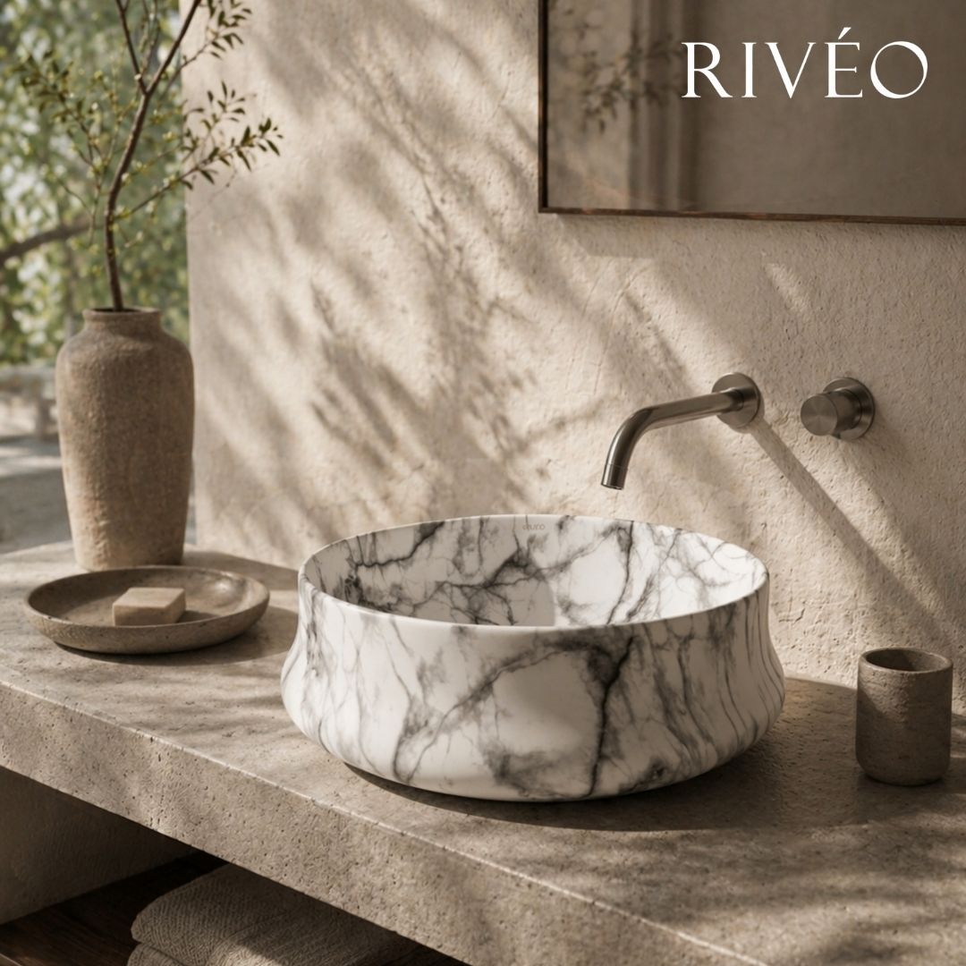 Vasque à Poser Ronde Effet Marbre Blanc RIVÉO – 455 × 455 mm – Avec Bonde