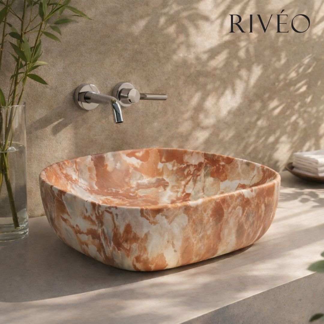 Vasque à Poser Carrée Arrondie Effet Marbre Terracotta RIVÉO – 425 × 425 mm – Avec Bonde