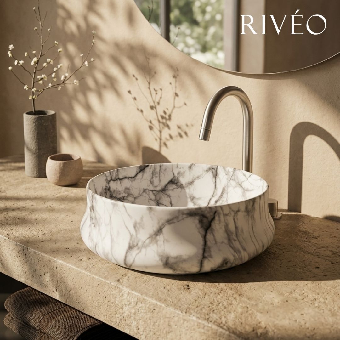 Vasque à Poser Ronde Effet Marbre Blanc RIVÉO – 455 × 455 mm – Avec Bonde