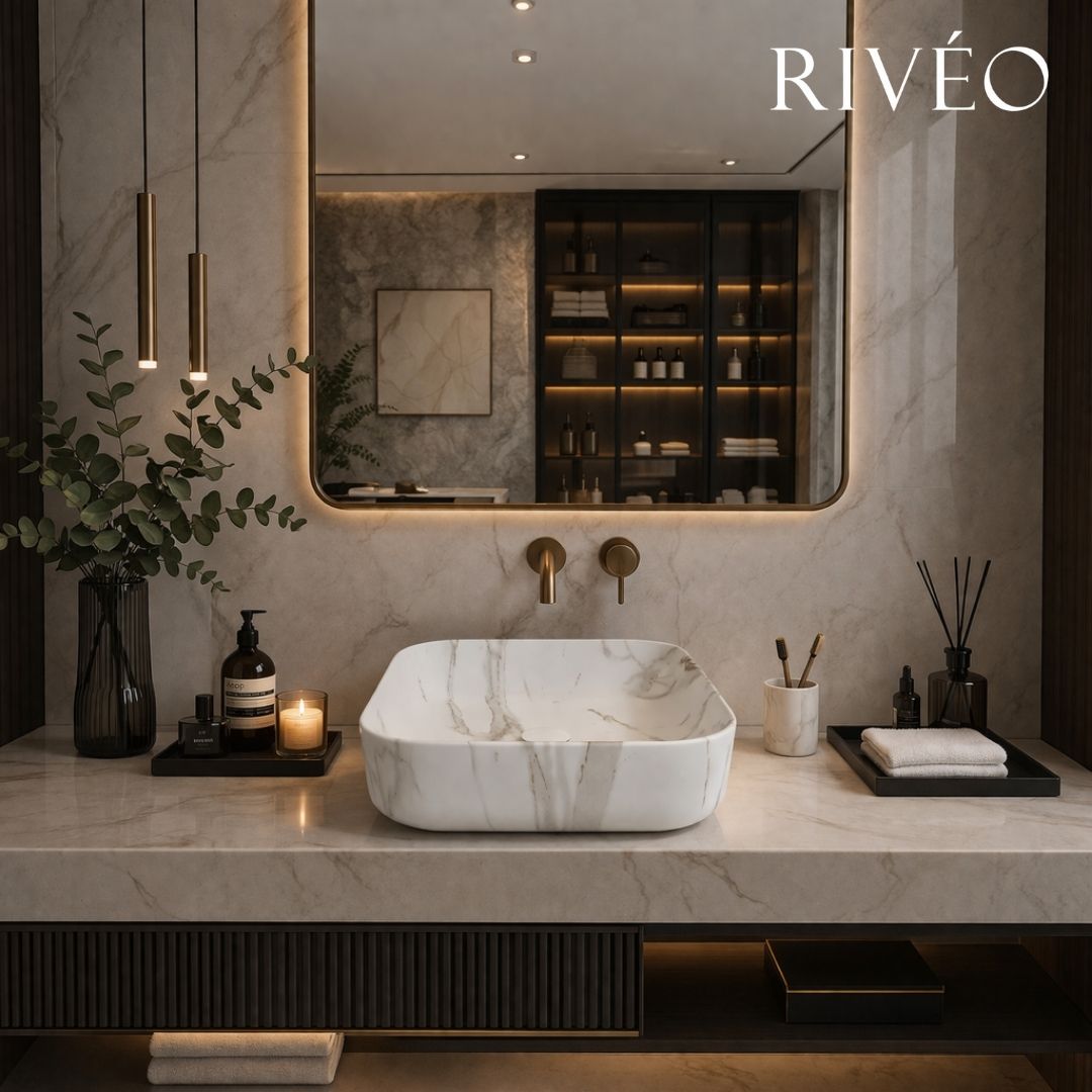 Vasque à Poser Carrée Arrondie Effet Marbre Blanc RIVÉO – 395 × 395 mm – Avec Bonde