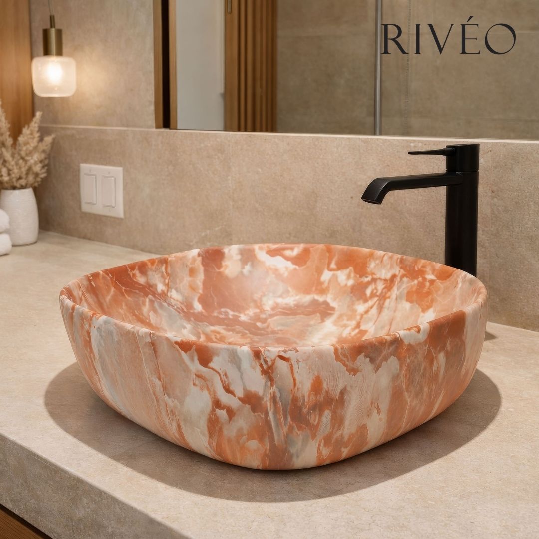 Vasque à Poser Carrée Arrondie Effet Marbre Terracotta RIVÉO – 425 × 425 mm – Avec Bonde