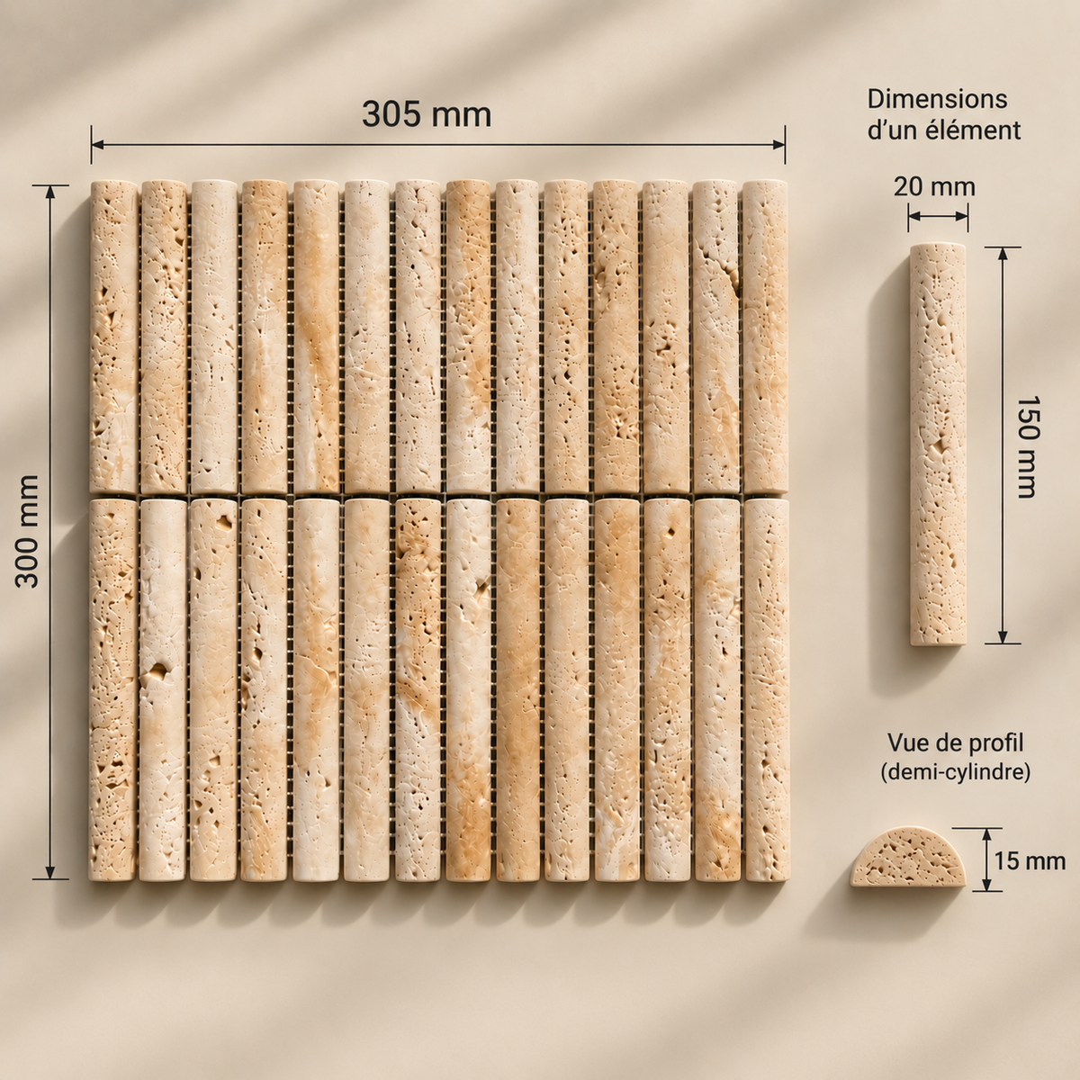 Mosaïque en Travertin Naturel – Demi-Rond – Beige – 30,5 × 30 cm