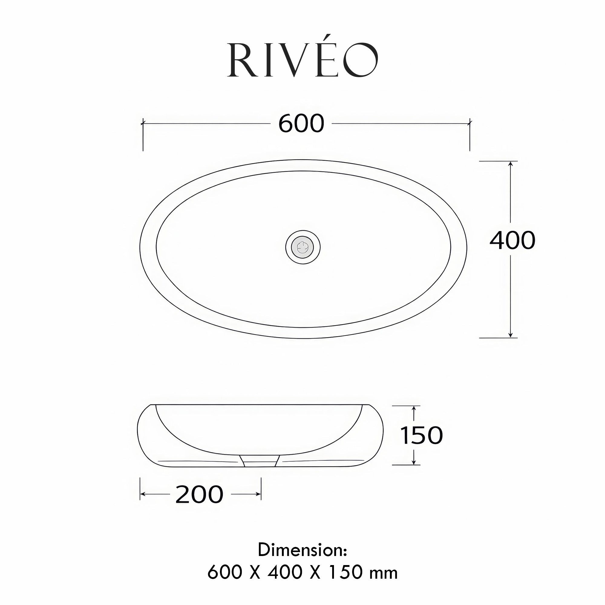 Vasque à Poser Ovale Effet Marbre Noir RIVÉO – 600 × 400 mm – Avec Bonde