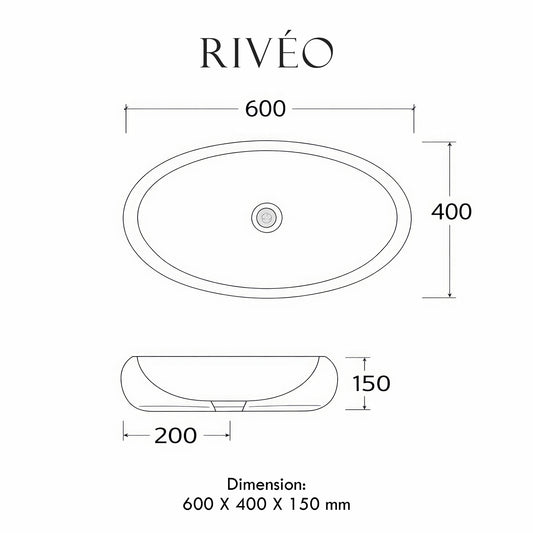 Vasque à Poser Ovale Effet Marbre Noir RIVÉO – 600 × 400 mm – Avec Bonde