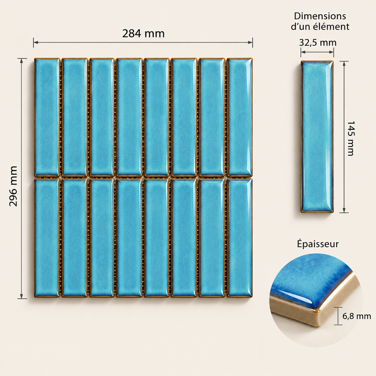 Mosaïque en Céramique Émaillée – Bleu Azur Clair – 28,4 × 29,6 cm