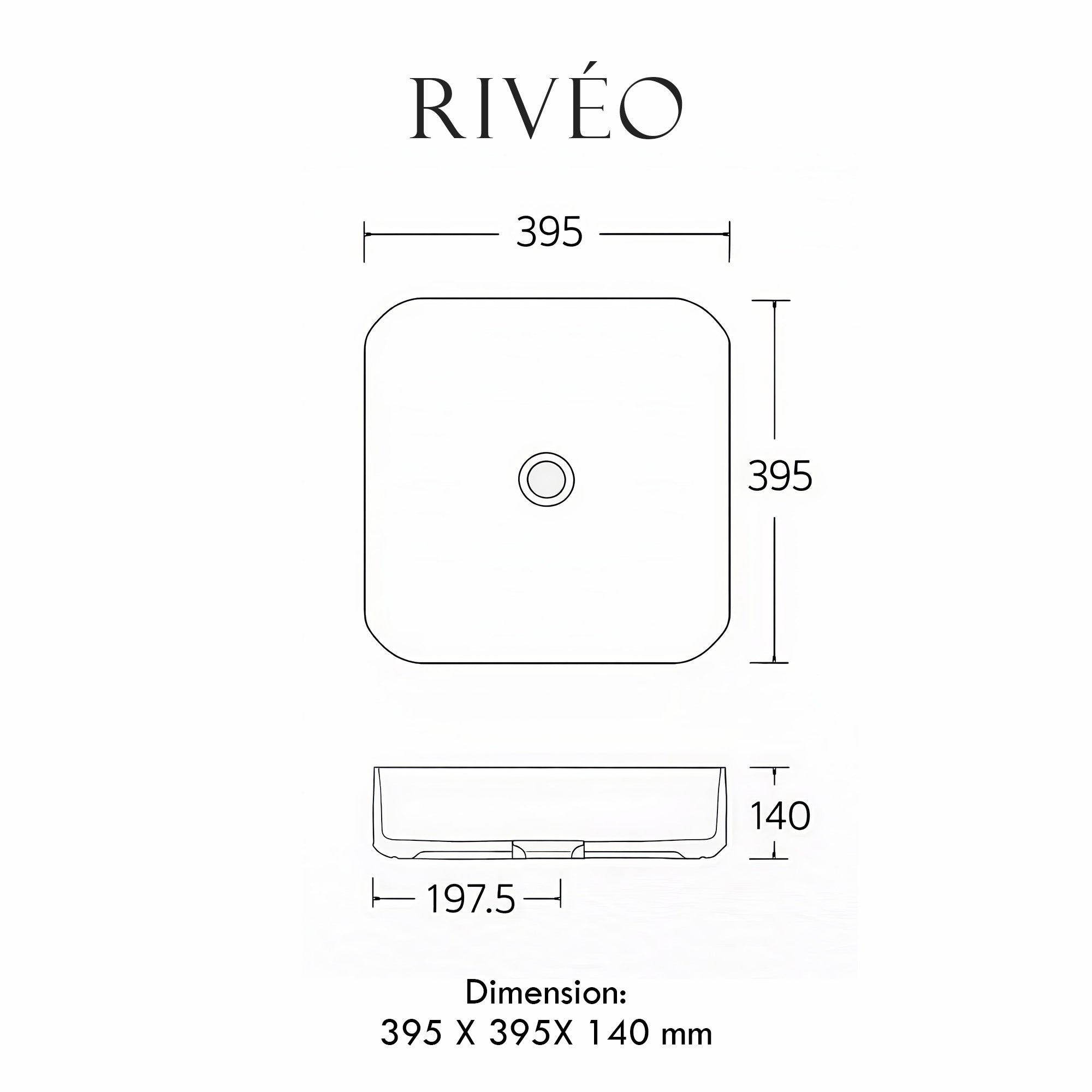 Vasque à Poser Carrée Arrondie Effet Marbre Noir RIVÉO – 395 × 395 mm – Avec Bonde
