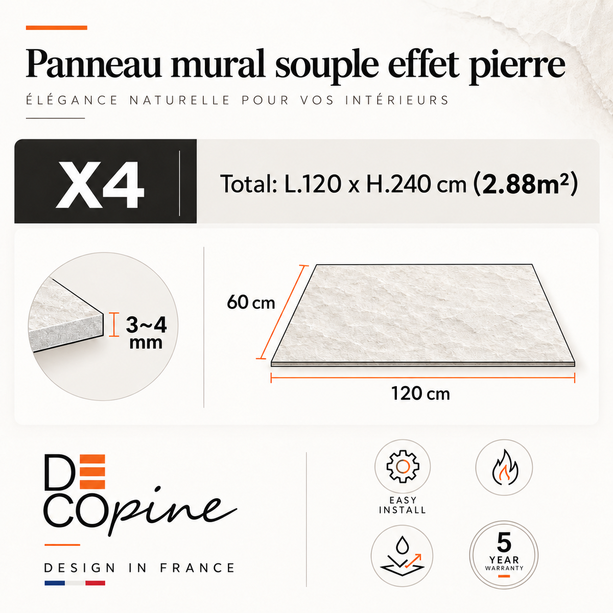 Panneau Mural Souple en Pierre Naturelle – Beige Gris Clair – 60×120 cm – Lot de 4 – B01PB01