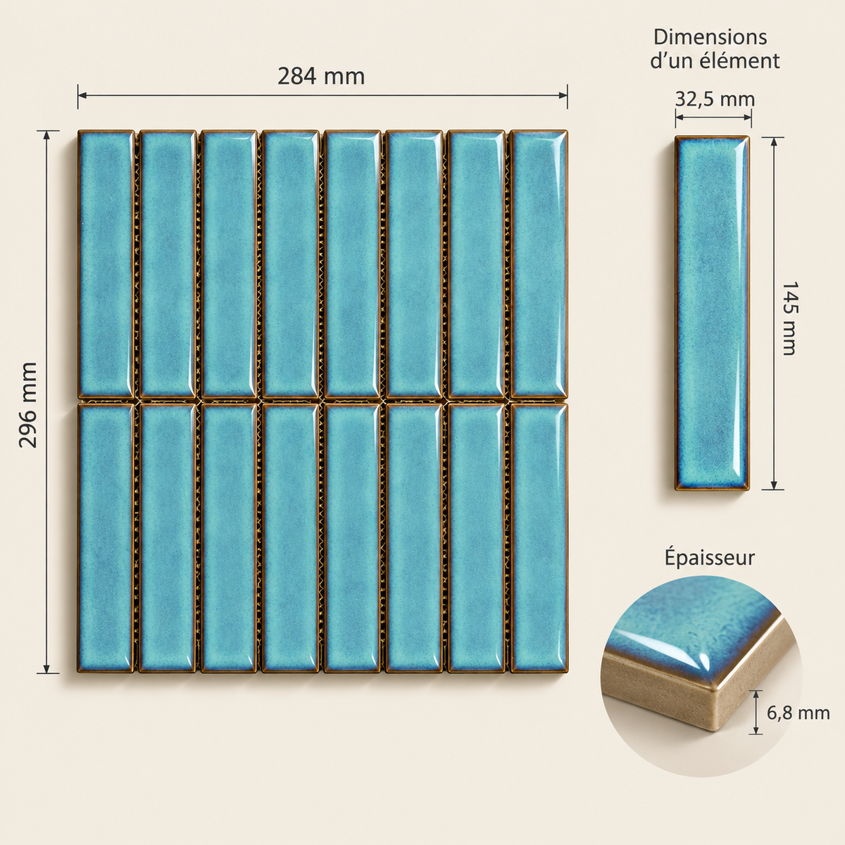 Mosaïque en Céramique Émaillée – Bleu Turquoise – 28,4 × 29,6 cm