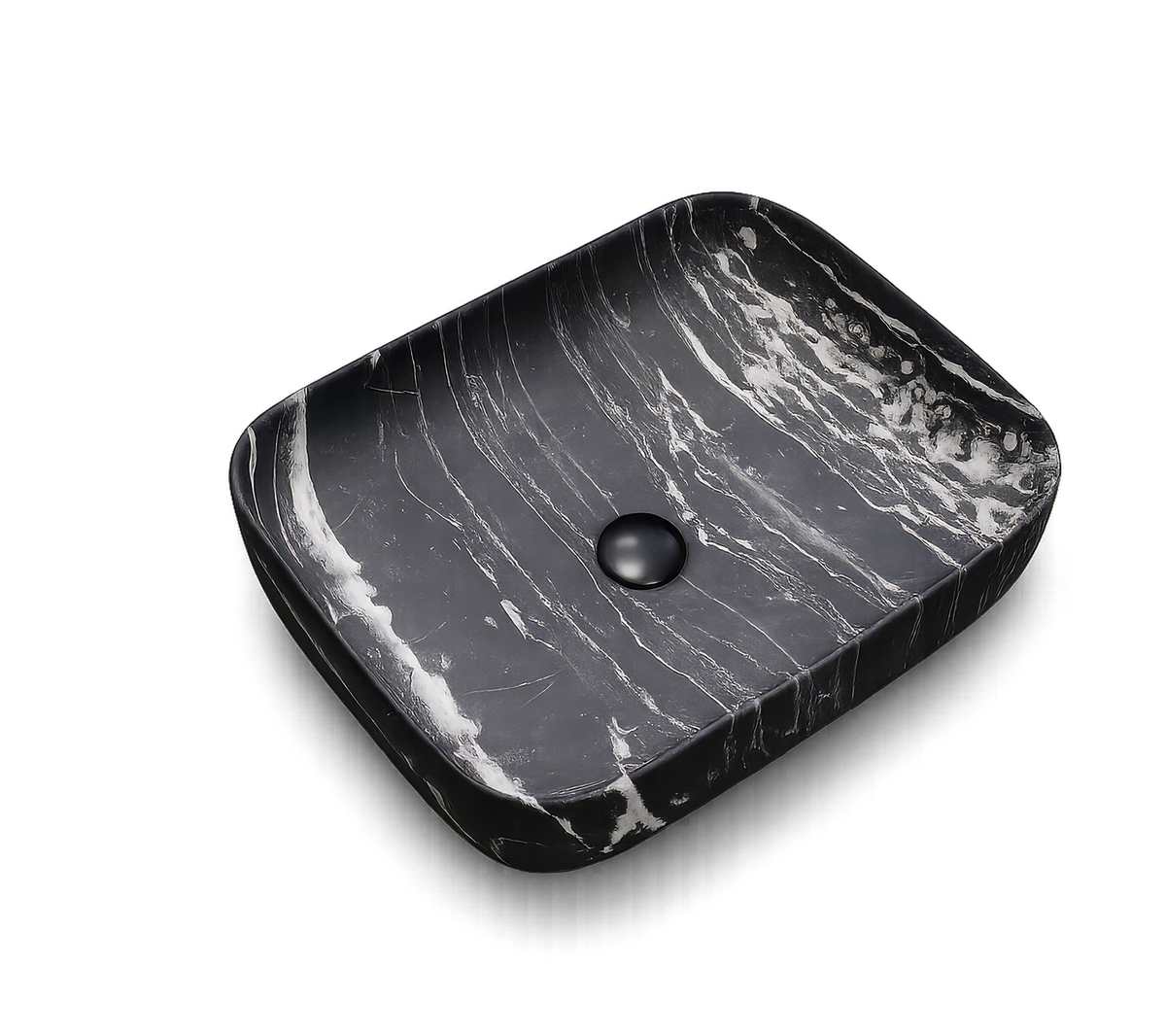 Vasque à Poser Rectangulaire Arrondie Noir Veiné Blanc RIVÉO – 500 × 390 mm – Avec Bonde