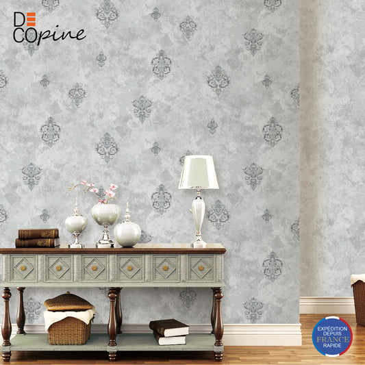 Decopine Imperium Luxe Vliestapete – Silbernes Medaillonmuster – 0,53 x 10 m – Ohne Kleber