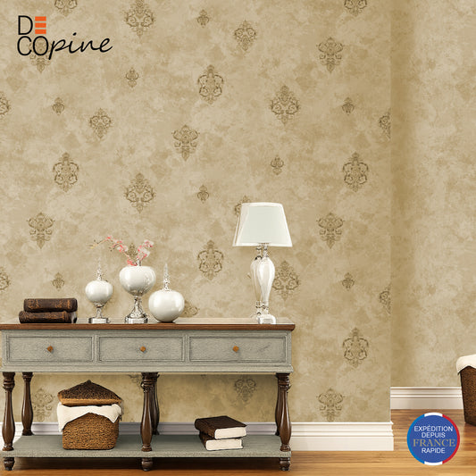 Decopine Imperium Luxe Vliestapete – Goldmedaillon auf Salbeigrün – 0,53 x 10 m – Ohne Kleber